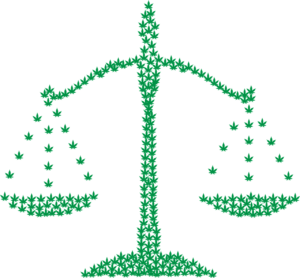 An image of justice scales crafted from intricately arranged cannabis leaves, symbolizing the intersection of cannabis legalization and legal equity