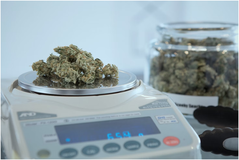 An image of weed being measured on a weighing scale