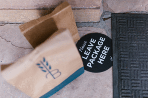 An image of a package outside a door