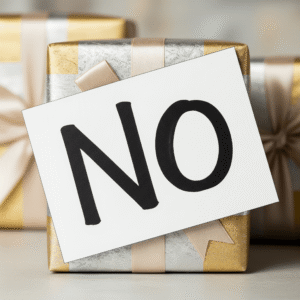 An image of a packed gift with a ‘no’ label over it