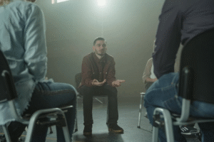 man seated calmly in a chair during a relaxed group wellness setting